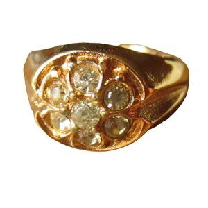 CARNIVAL PIMP RING  sz 10 Vtg 70s 18k H.G.E. GOLD PLATE GLASS RHINESTONE chunky